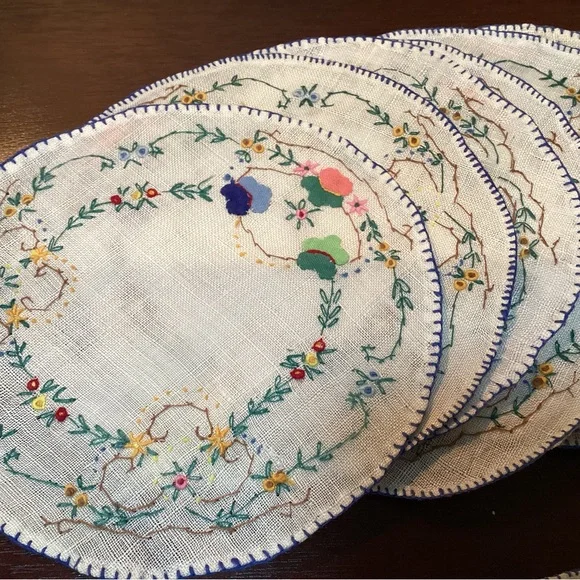 Hand-Embroidered Linen Cocktail Rounds - Picture 3 of 7